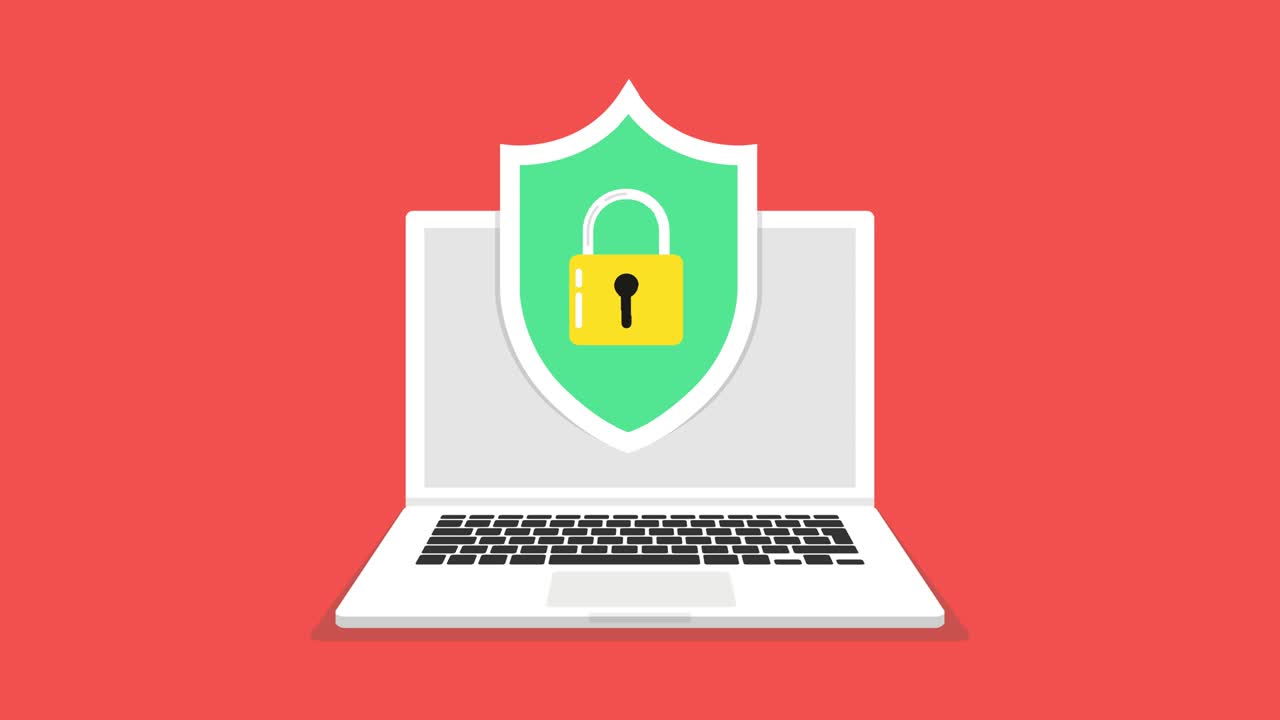 portátil con virus en la pantalla. escudo roto. animación en bucle. resolución 4k.