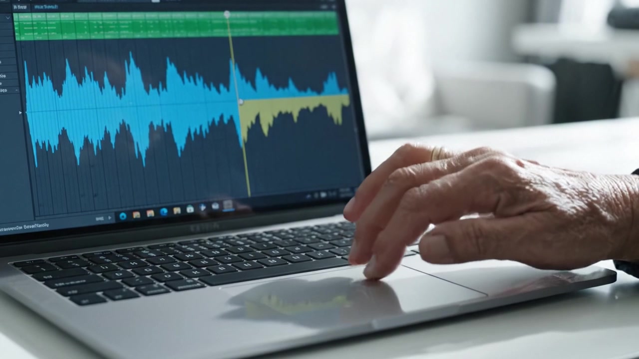 Editing audio su laptop: catturare le dinamiche delle forme d'onda con precisione e professionalità attraverso un'interfaccia digitale ottimizzata.