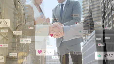 digital icon with increasing numbers over mid section of businessman and businesswoman shaking hands