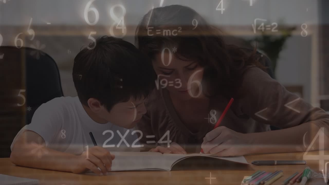 Animation of math formulas over caucasian teacher and boy at school