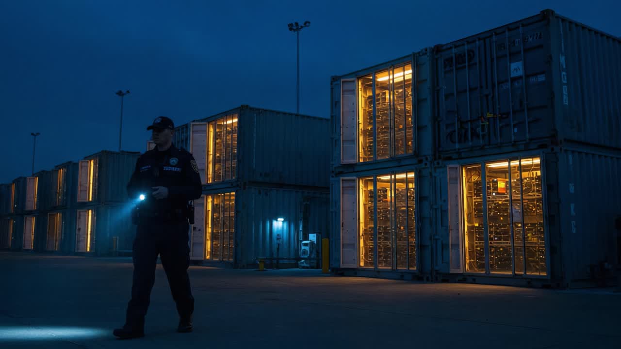 Operazioni di Sicurezza Notturne: Una Guardia Pattuglia Container di Spedizione con una Torcia in un'Area Scarsamente Illuminata, Garantendo Sicurezza e Sorveglianza in un Ambiente Industriale