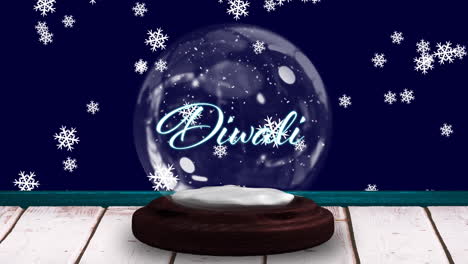 animation of snow globe with christmas text and snow falling on navy background