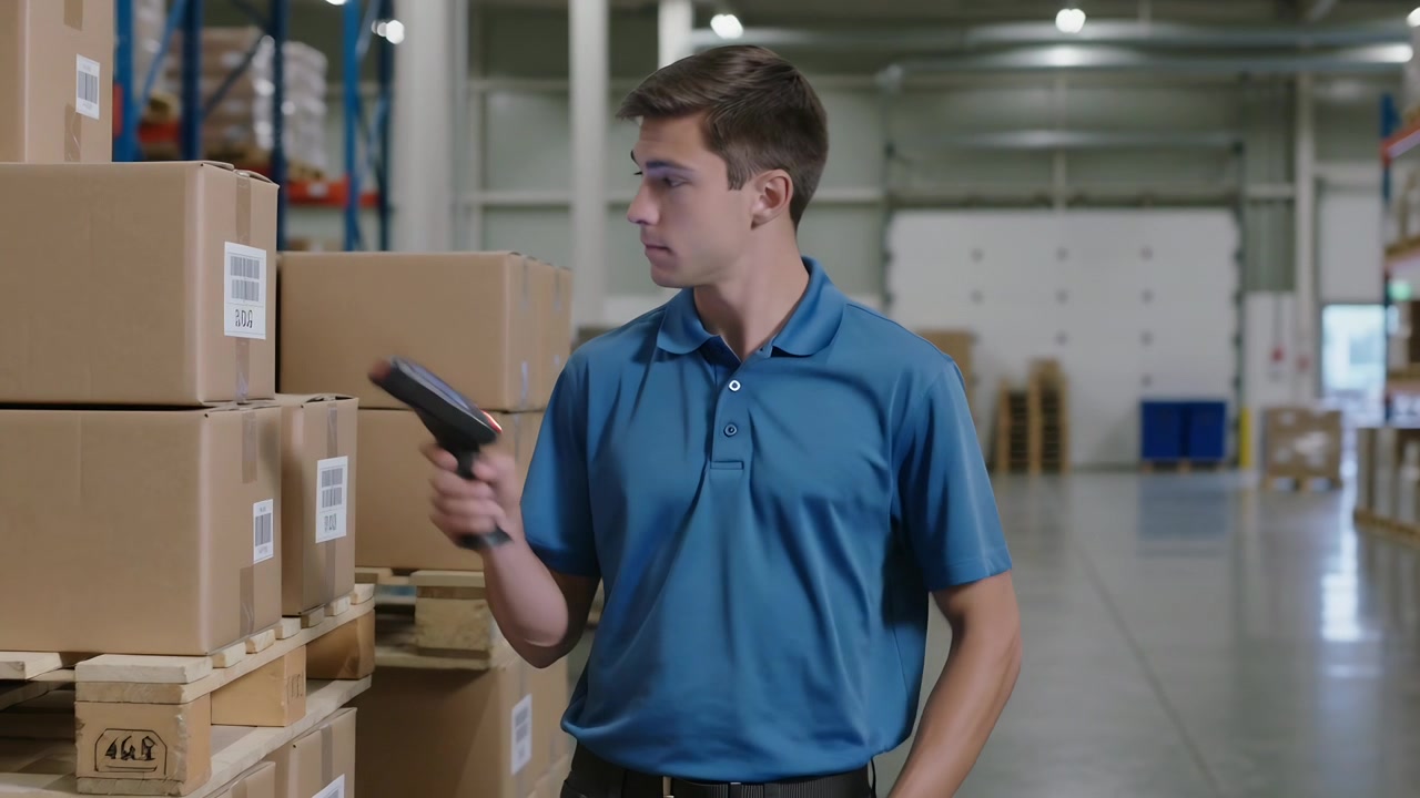Tapping scanner, worker wearing blue polo scanning pallet box barcodes in aisle, verifying stock