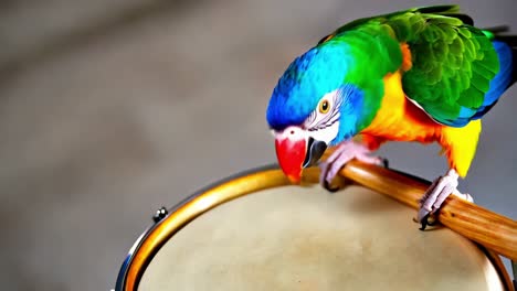 colorful parrot playing drums