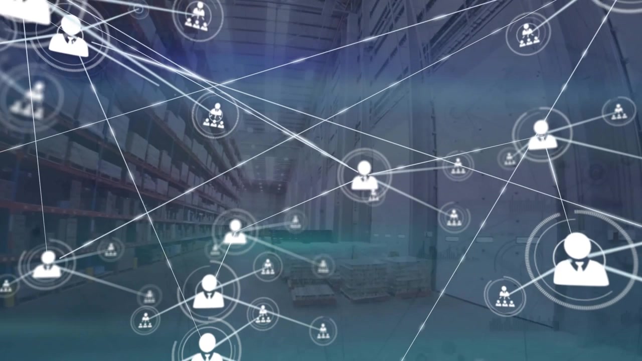 Animation of network of connections with icons over warehouse