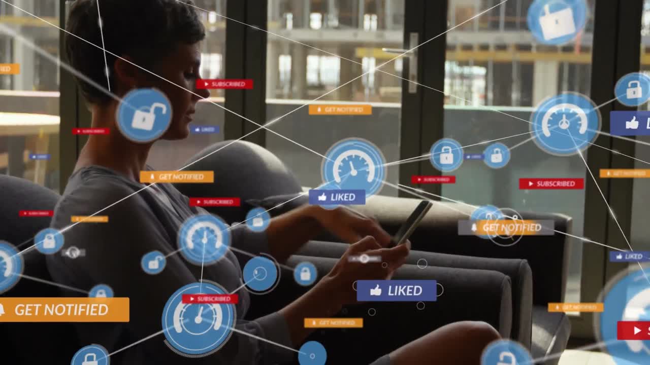 Animation of network of connections with media icons over caucasian woman using smartphone