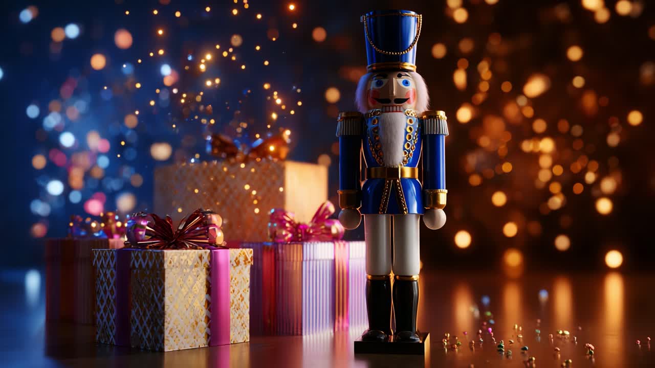 A festive nutcracker figure stands proudly beside beautifully wrapped presents, glimmering with magical sparkles in a warm, colorful holiday setting that captures the essence of joyful celebrations and seasonal cheer