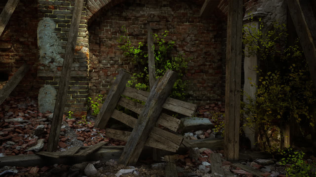 Abandoned building interior reveals nature reclaiming space in a dimly lit area