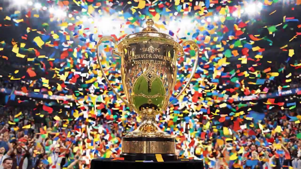 Celebrazione della vittoria: uno splendido trofeo circondato da coriandoli colorati e fan entusiasti a un grande evento sportivo.
