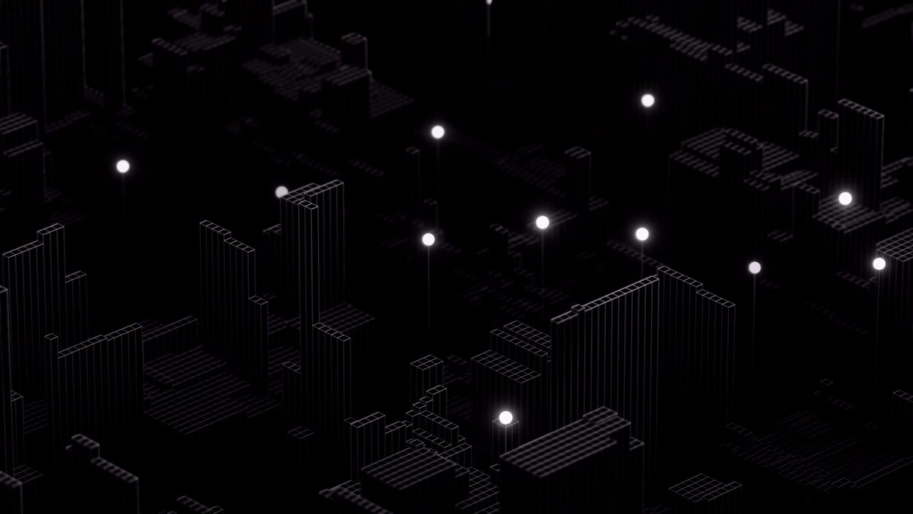 Abstract 3D Digital City Wireframe with Luminous Data Nodes