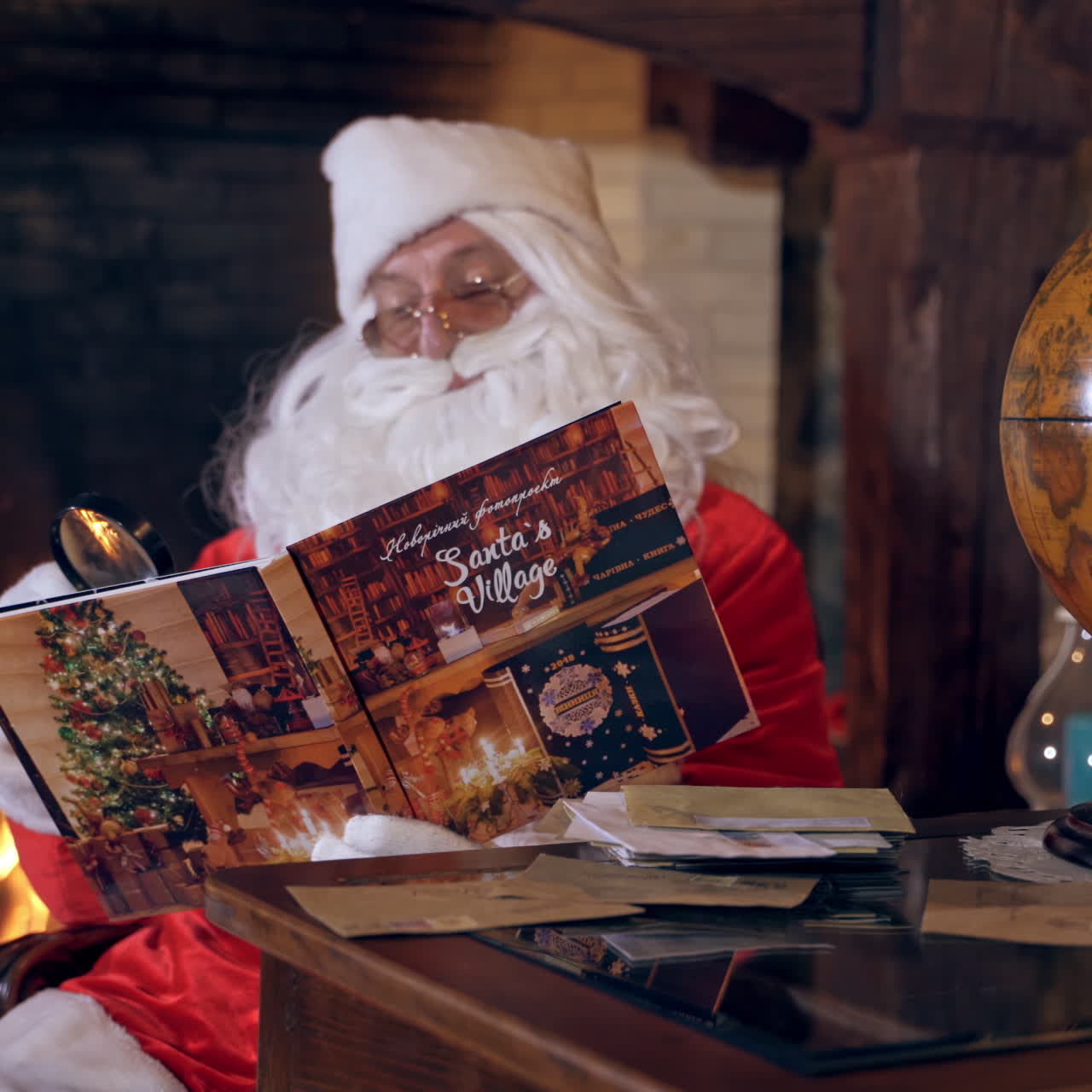 Santa reading magic book. Real Santa Claus looking into a Christmas book on the fireplace background. Round globe on the table. Christmas spirit concept.