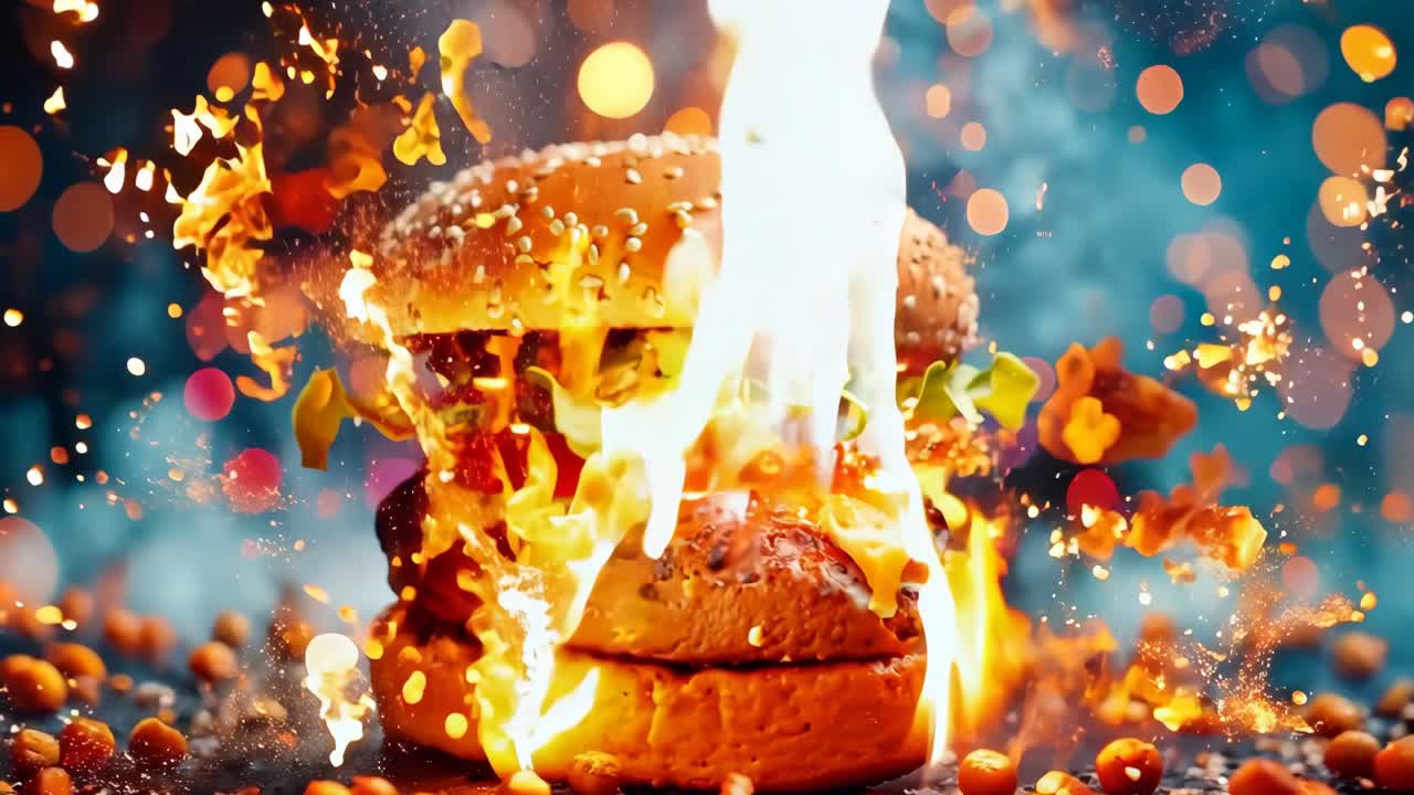 una hamburguesa con lechuga, tomate, queso y lechuga en un pan rodeado de garbanzos