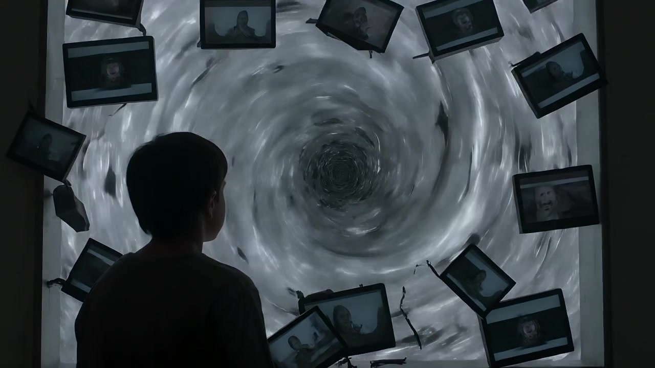 Watching teen boy standing at wall portal, reacting to vortex deepening and frames drifting inward