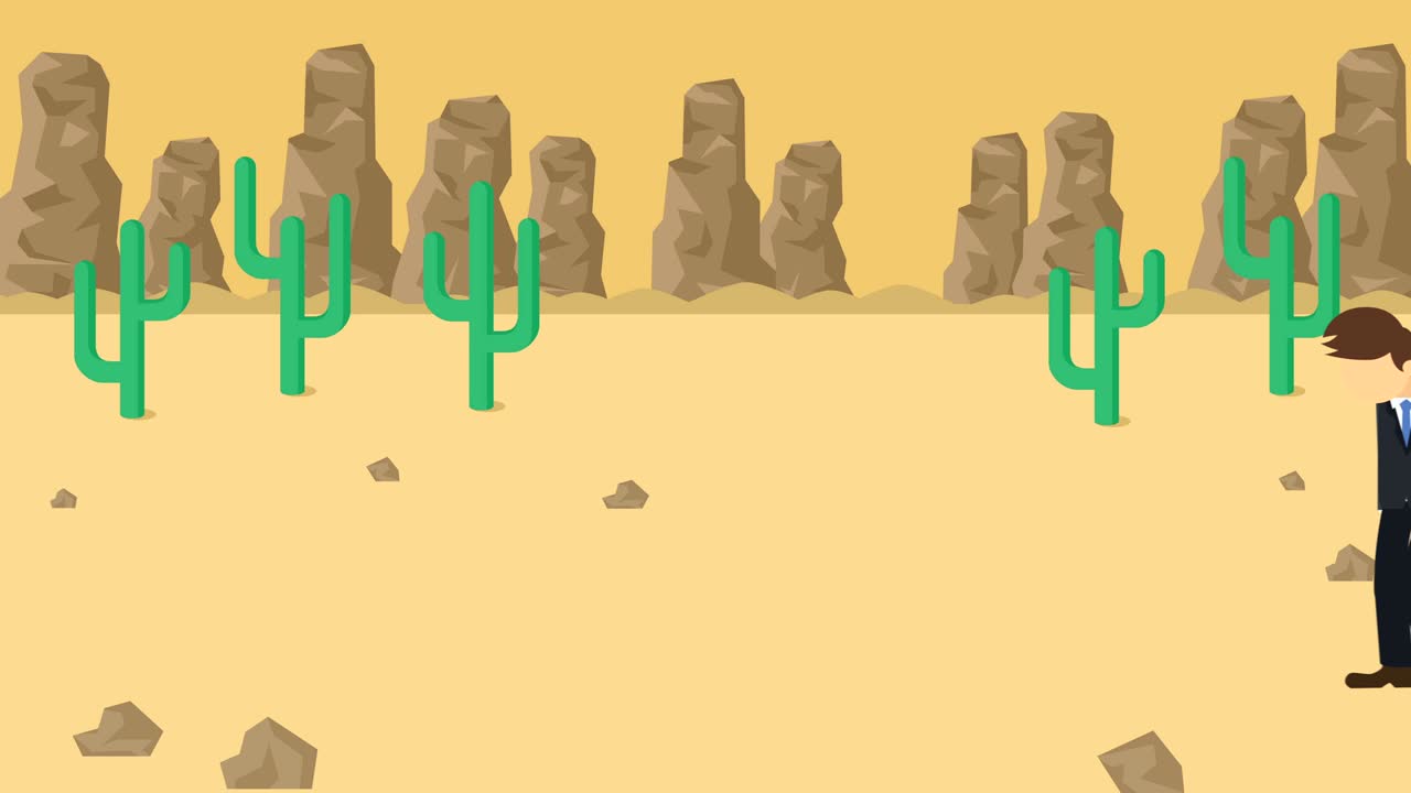 사업가가 구이에 떨어지는 사막의 배경, 위험 개념, 평평한 스타일의 루프 일러스트레이션