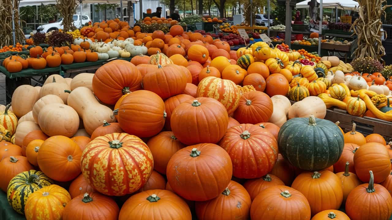 A Beautiful Display of Fresh Pumpkins and Gourds at the Seasonal Market, Showcasing Vibrant Orange and Variegated Colors Amidst a Lively Autumn Atmosphere
