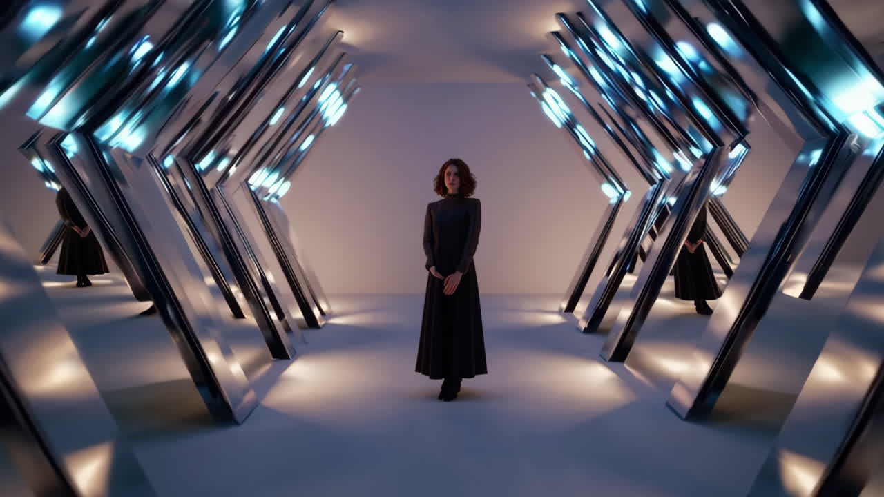 A woman stands alone in a futuristic, geometrically lit corridor