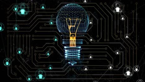 animation of computer circuit board with ai data processing and lightbulb