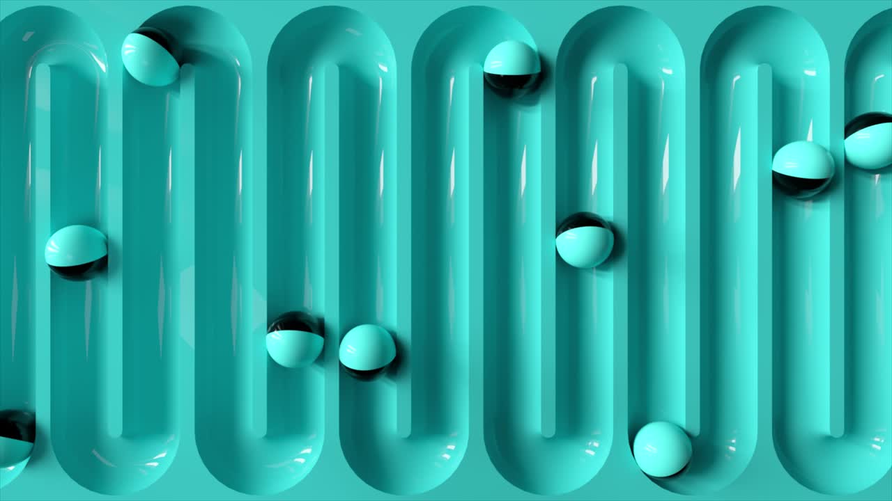 Bright colorful background with rolling balls along the paths. Plastic ball rolling in geometry deepening. 3d animation of a seamless loop