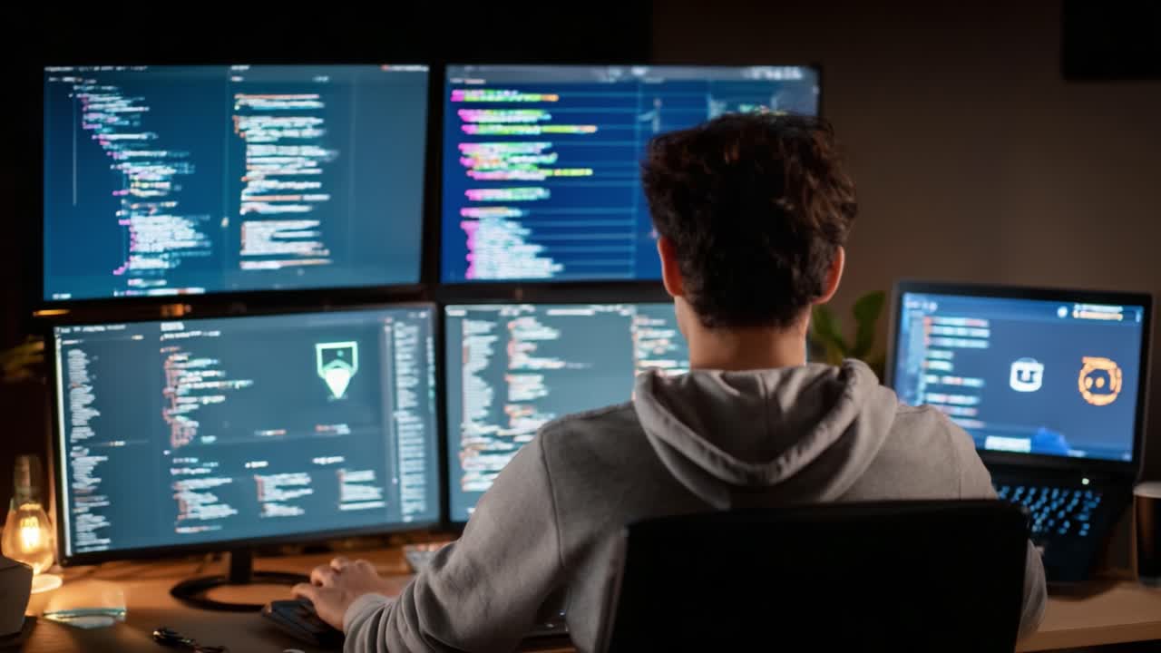 A Focused Developer Engaged in Coding on Multiple Screens, Showcasing a Dynamic Workspace with Lines of Code and Programming Tools at Play