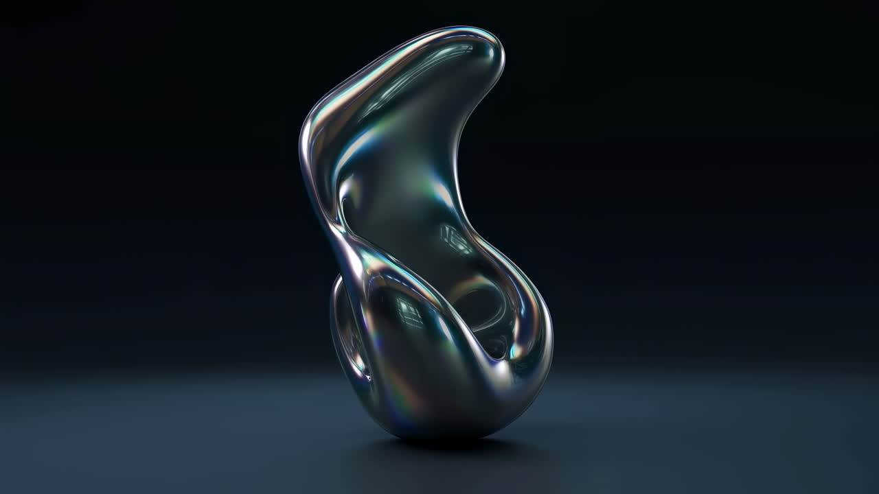 Abstract Iridescent Metallic Fluid Shape Rotating on Dark Background