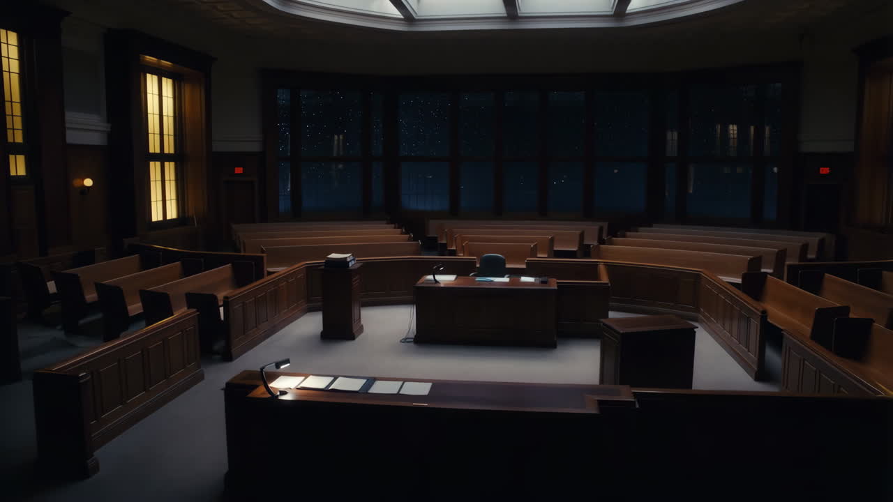 Empty courtroom at night with dark wooden interior