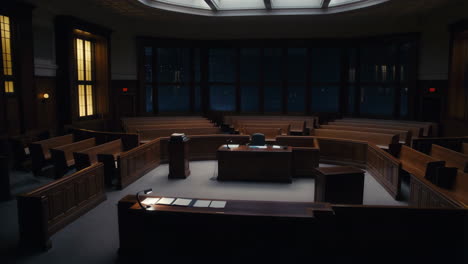 empty courtroom at night with dark wooden interior