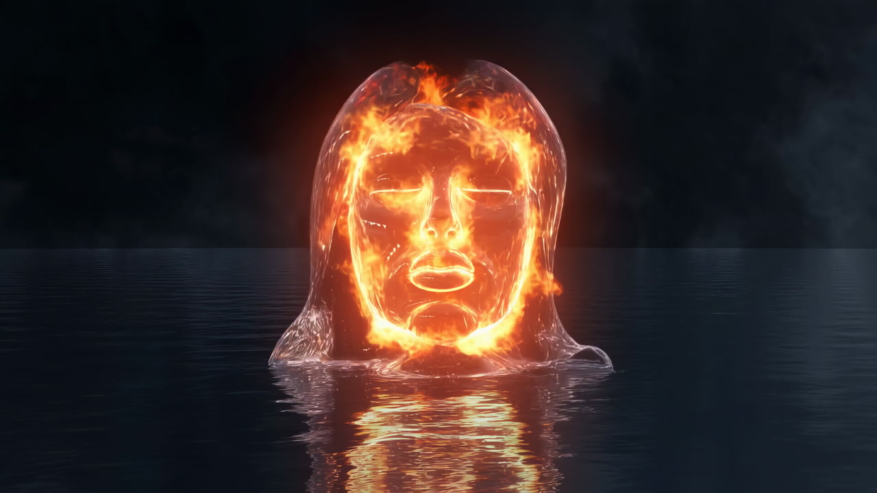 Glass Head Emerges From Water, Slowly Igniting Into Fiery Visage, Nocturnal Lake With Smoke And Ripples,