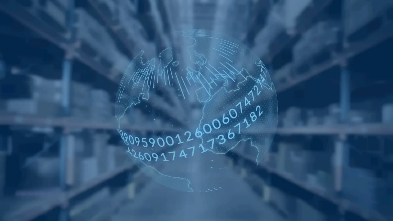 창고에 대항하는 회전하는 지구상에서 바이너리 코딩 데이터 처리의 디지털 애니메이션