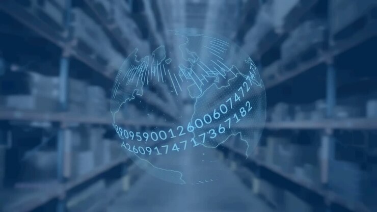 Digital animation of binary coding data processing over spinning globe against warehouse