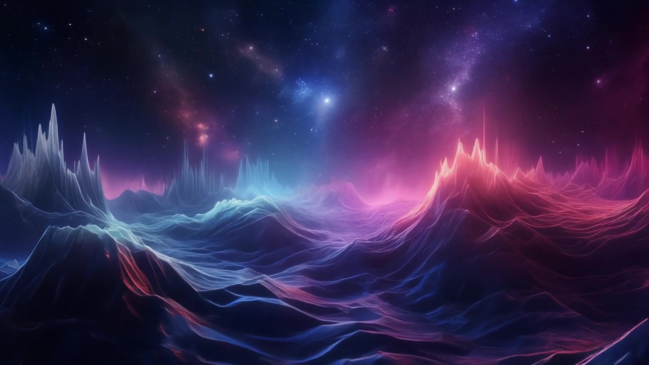 Paesaggio alieno astratto con montagne luminose e cielo nebuloso