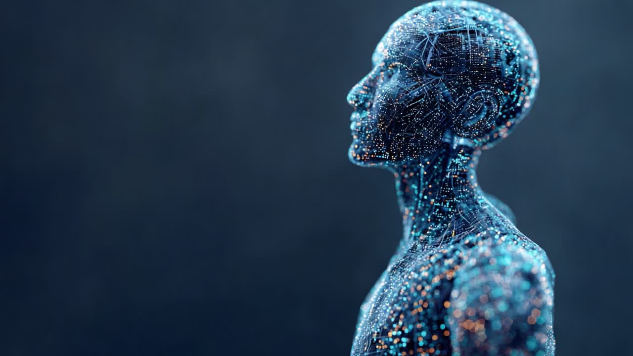 A Stunning Representation of a Digital Human Figure, Showcasing Complex Data Patterns with Glowing Particles on a Dark Background for a Futuristic Aesthetic