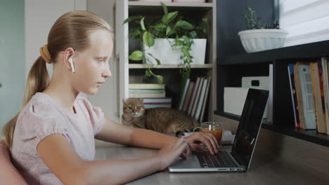 La-Niña-Está-Ocupada-Con-Una-Computadora-Portátil-En-Su-Habitación,-Junto-A-Ella-Hay-Un-Gato-Rojo