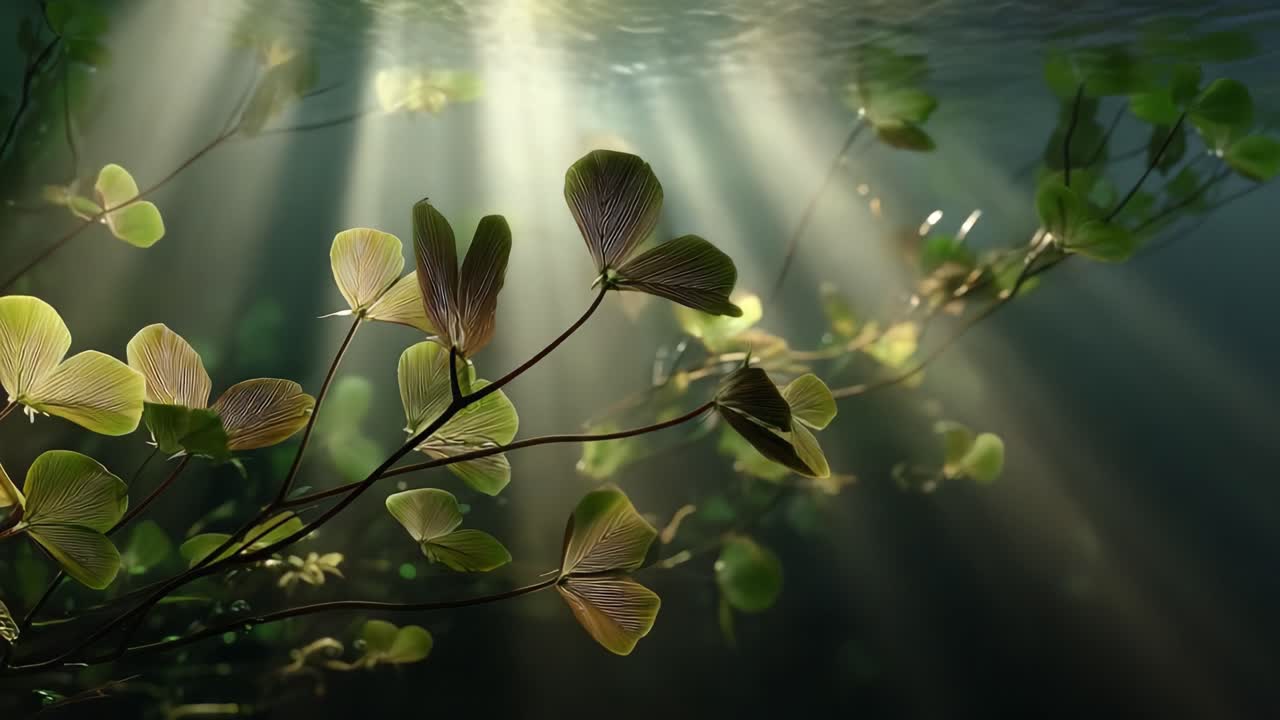 Unter der Oberfläche: Eine fesselnde Darstellung von Unterwasserlicht mit zarten grünen Blättern und Wasserspiegelungen in einer ätherischen aquatischen Umgebung