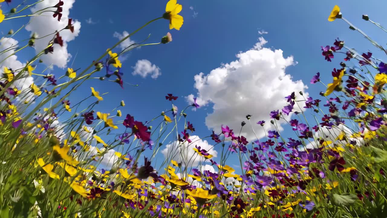 Vídeo em ângulo baixo de vibrantes flores silvestres com um céu azul brilhante e nuvens fofas