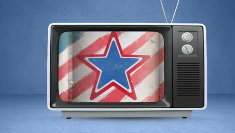 animation of stars coloured with american flag in tv on blue background