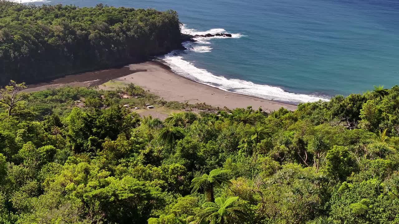 Small settlement on Tanna Island coast, Sulphur Bay with black sand. Travel adventure