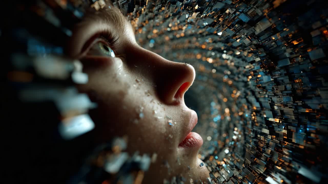 An Introspective Journey: A Face Surrounded by a Mesmerizing Swirl of 3D Shapes, Exploring the Depths of Imagination and Illumination through a Kaleidoscope Effect