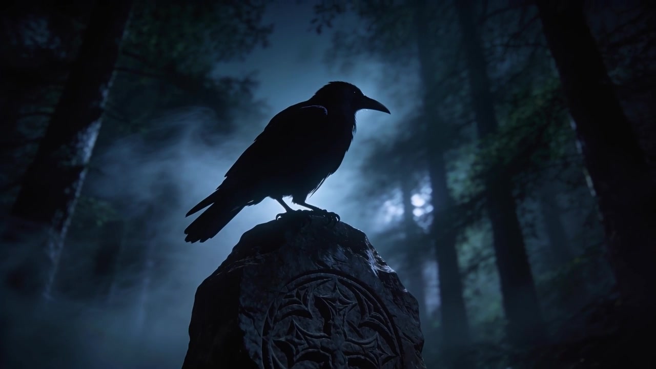 Corvo nero che, in risposta al chiaro di luna, si china in avanti e gracchia su una pietra scolpita in una pineta.