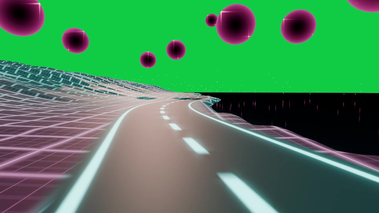On start camera moving while neon road curving right magenta grid on transparent bg showing motion