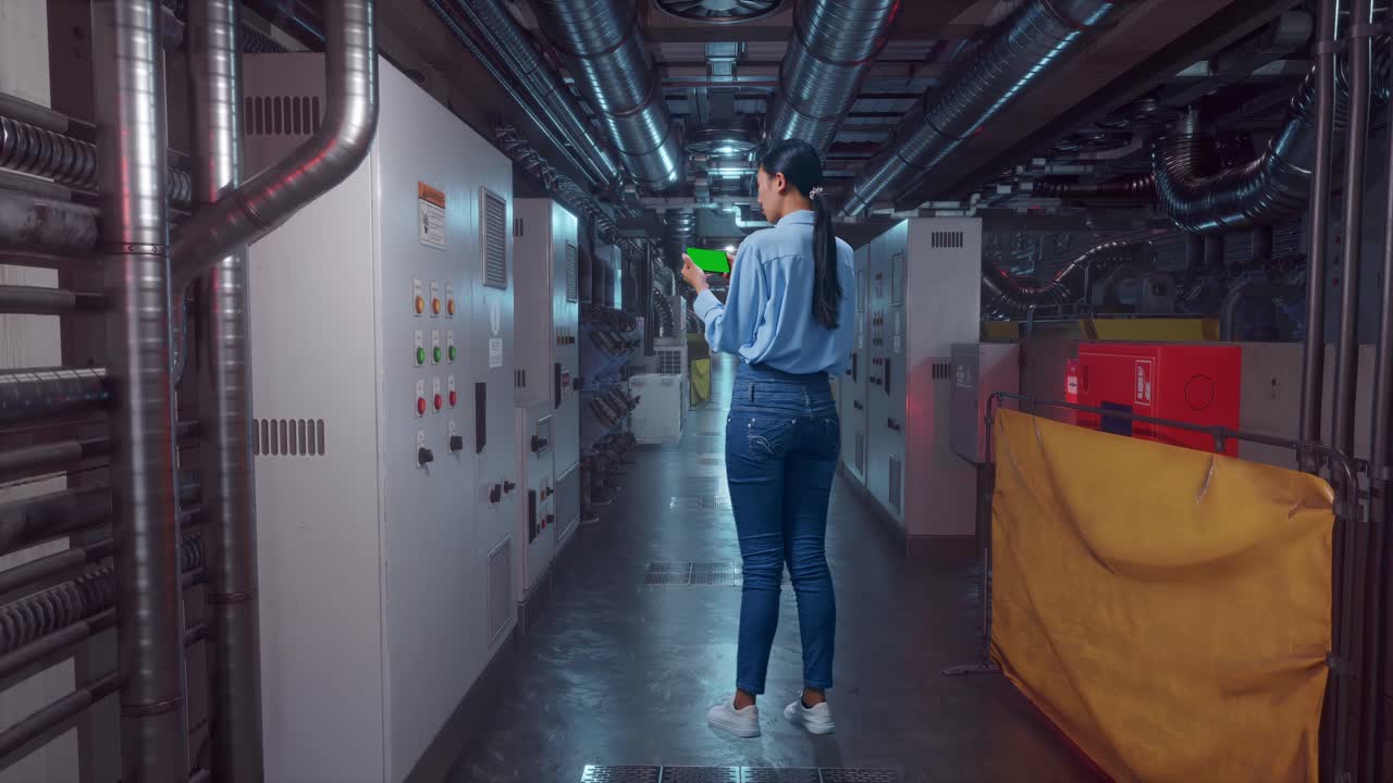 Full Body Back View Of An Asian Female Professional Worker Standing With Green Screen Smartphone In Engine Control Room, Industrial Facility