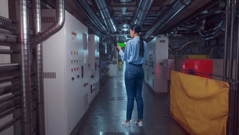 full body back view of an asian female professional worker standing with green screen smartphone in engine control room, industrial facility