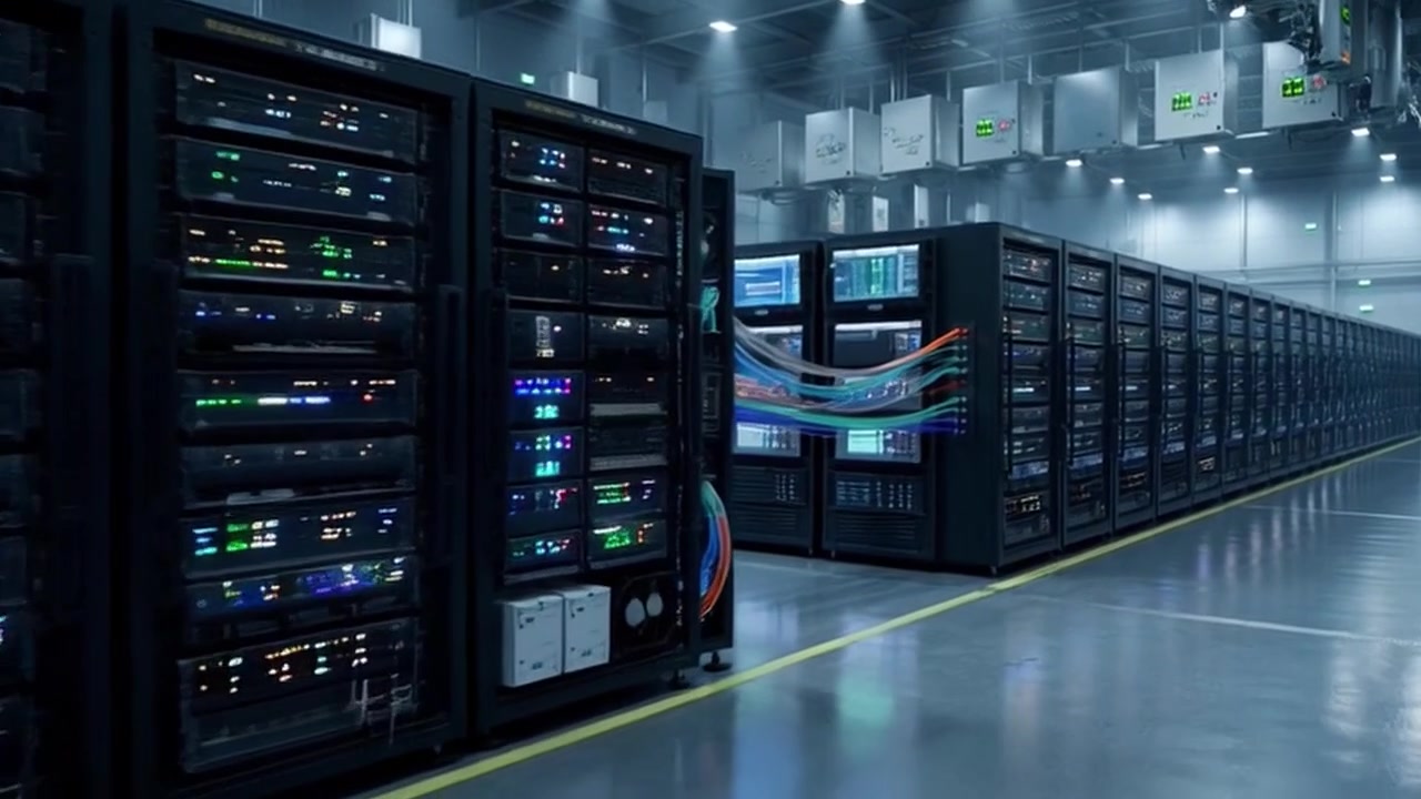 Sala server di data center moderna con cavi in fibra ottica luminosi