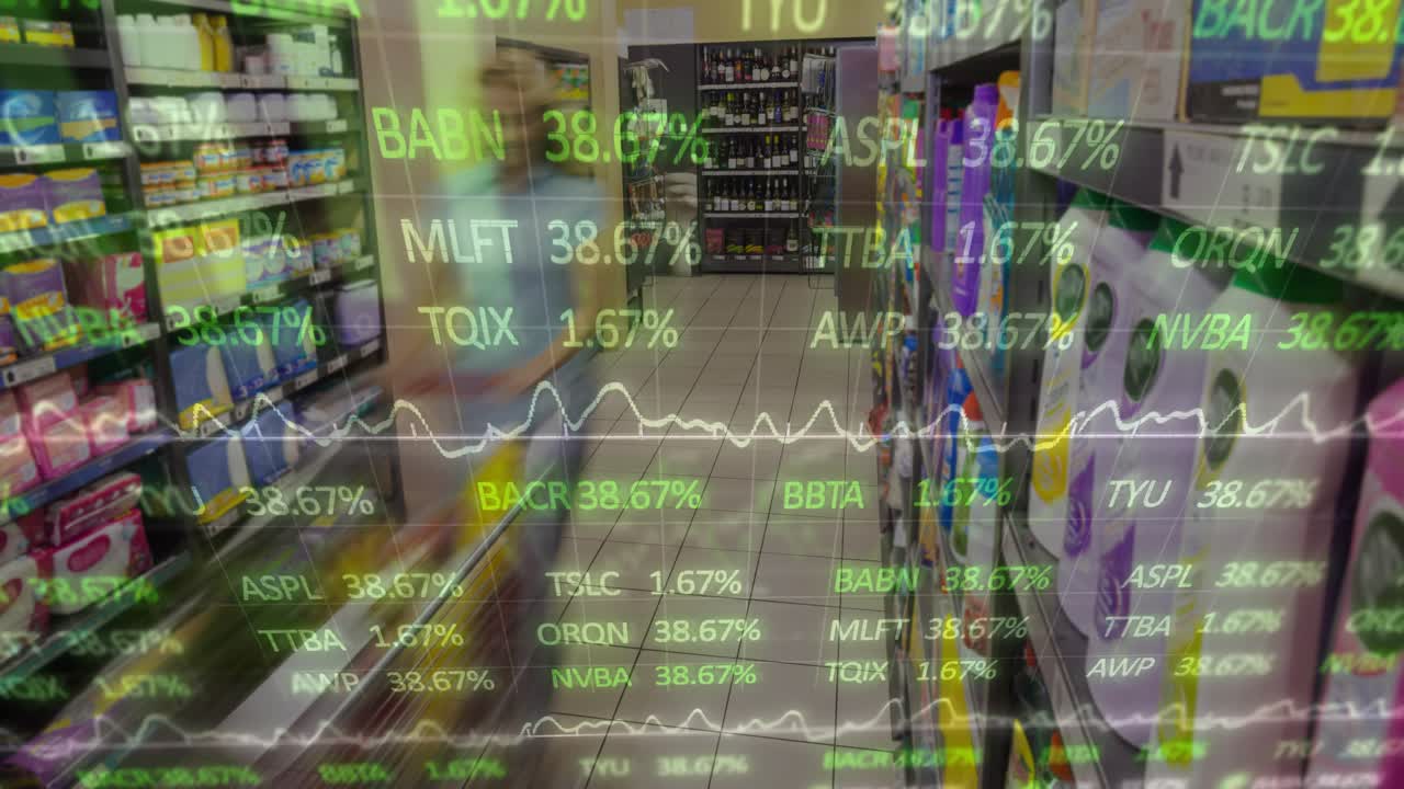 Woman pushing cart down aisle, entering center and showing finance graphs across shelves and cart
