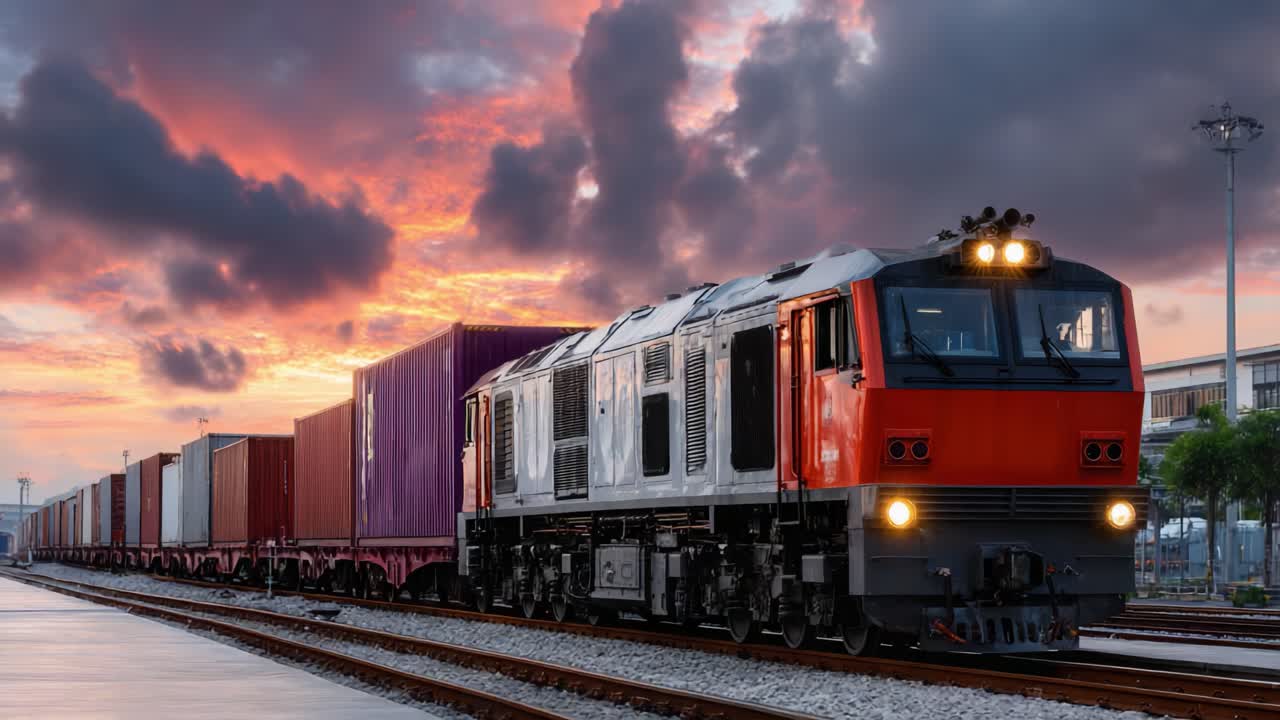 Majestic Freight Train at Sunset: A Stunning Journey Through Breathtaking Skies and Colorful Cargo Containers on an Industrial Railway Track