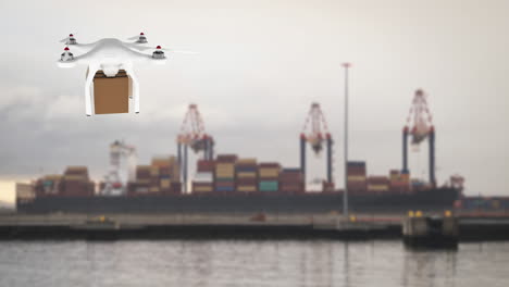 drone carrying a box in a port