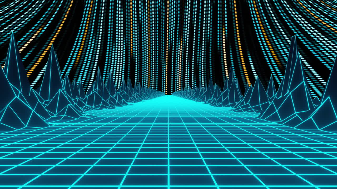 Digital grid landscape with glowing lines and dots, futuristic animation