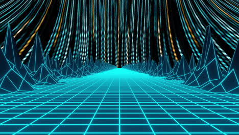 paisaje de cuadrícula digital con líneas y puntos brillantes, animación futurista