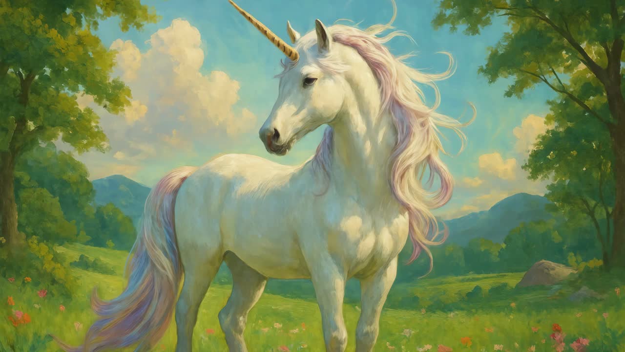 Majestic unicorn in a lush meadow, captured from a low angle