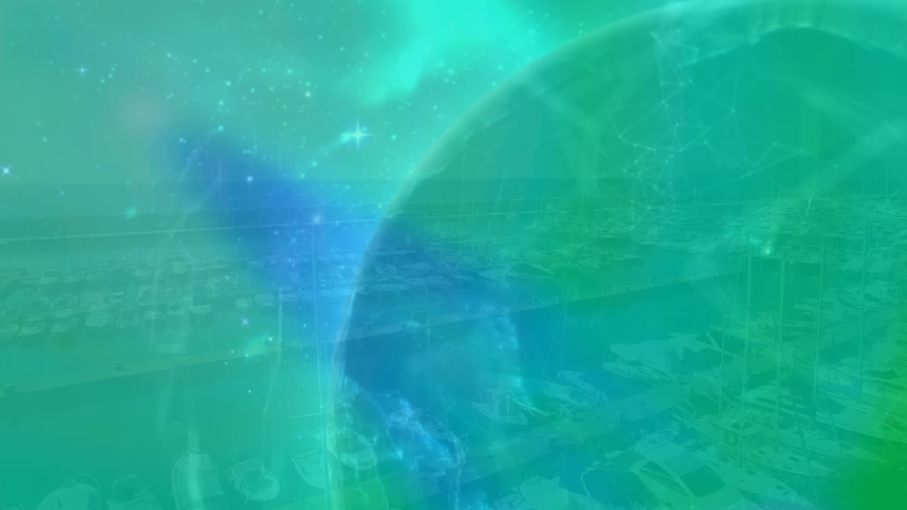 도시 풍경의 공중 전망에 대한 회전하는 지구의 디지털 구성