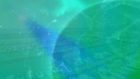 旋回する地球のデジタル構成と都市風景の空中映像